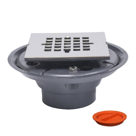 Jones Stephens 2inX3in PVC Shower Drain with 2in PVC Spud and 4in Square SS Snap-In Strainer with Test Plug D50888TP